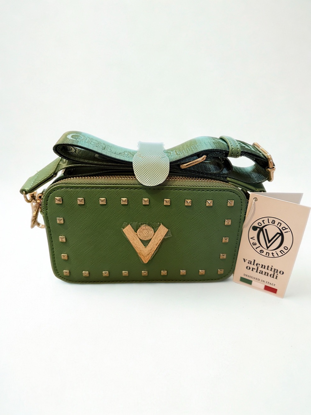 Valentino Orlandi Olive Green Leather Crossbody with Gold Studs